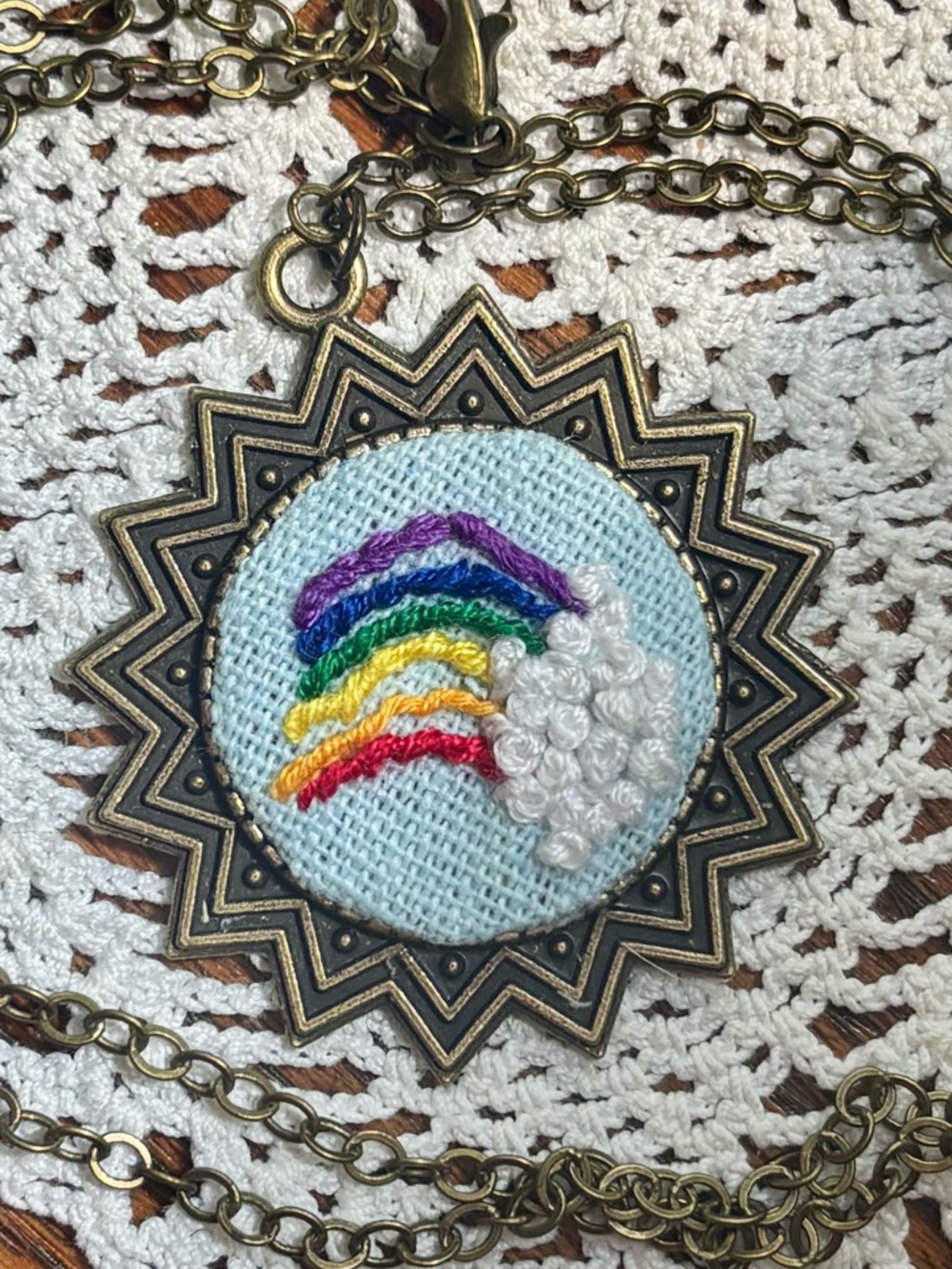 Hand-Embroidered Rainbow Cloud Necklace Pendant
